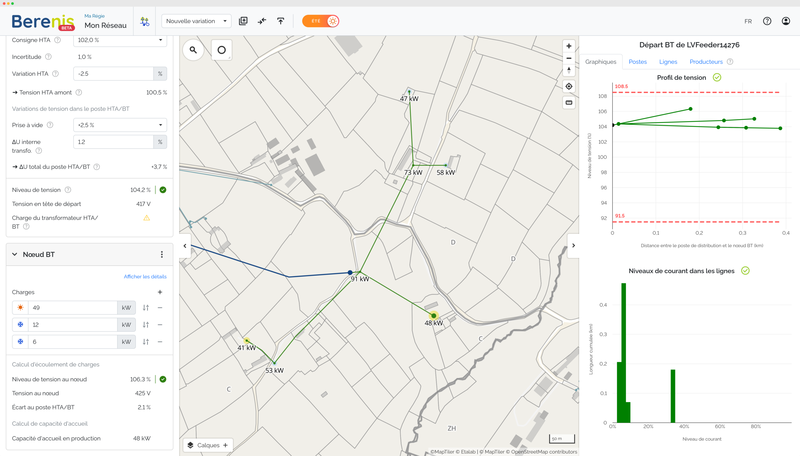 Capture d'écran du logiciel d'analyse des réseaux de distribution Berenis. On peut voir des réseaux MT et BT, les usagers déjà raccordés, et les capacités d'accueil restantes.