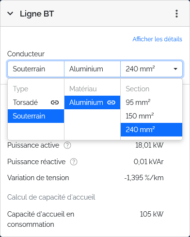 Renforcement des lignes : grâce à des listes déroulantes, sélectionnez le type de conducteur, son matériau et sa section