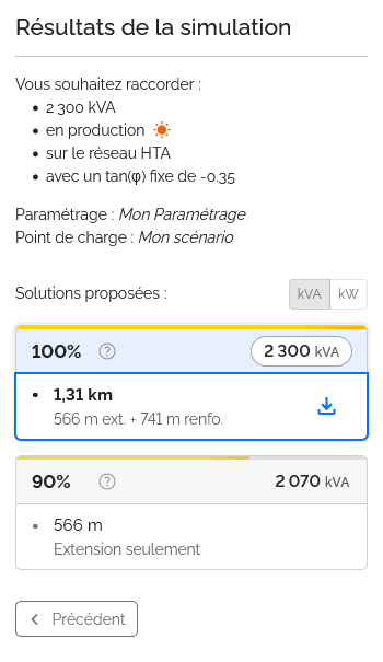 Le détail des possibilités de renforcement est décrit, avec la possibilité de télécharger un rapport de raccordement